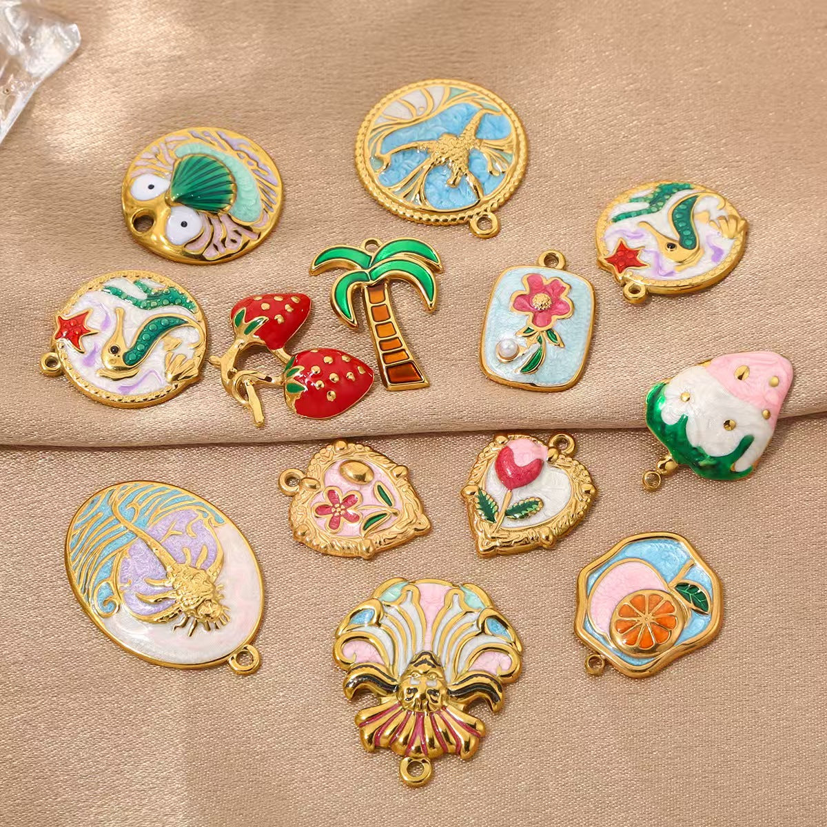 Creative colorful oil - dripping stainless - steel pendants with fruit and animal patterns, fashionable and delicate handmade DIY necklace accessories, 5 pieces