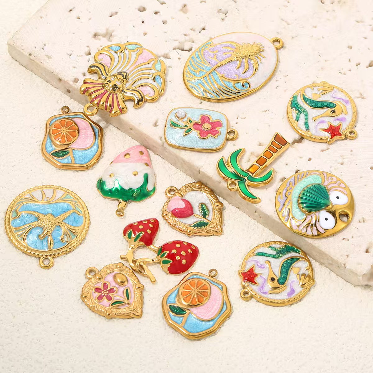 Creative colorful oil - dripping stainless - steel pendants with fruit and animal patterns, fashionable and delicate handmade DIY necklace accessories, 5 pieces