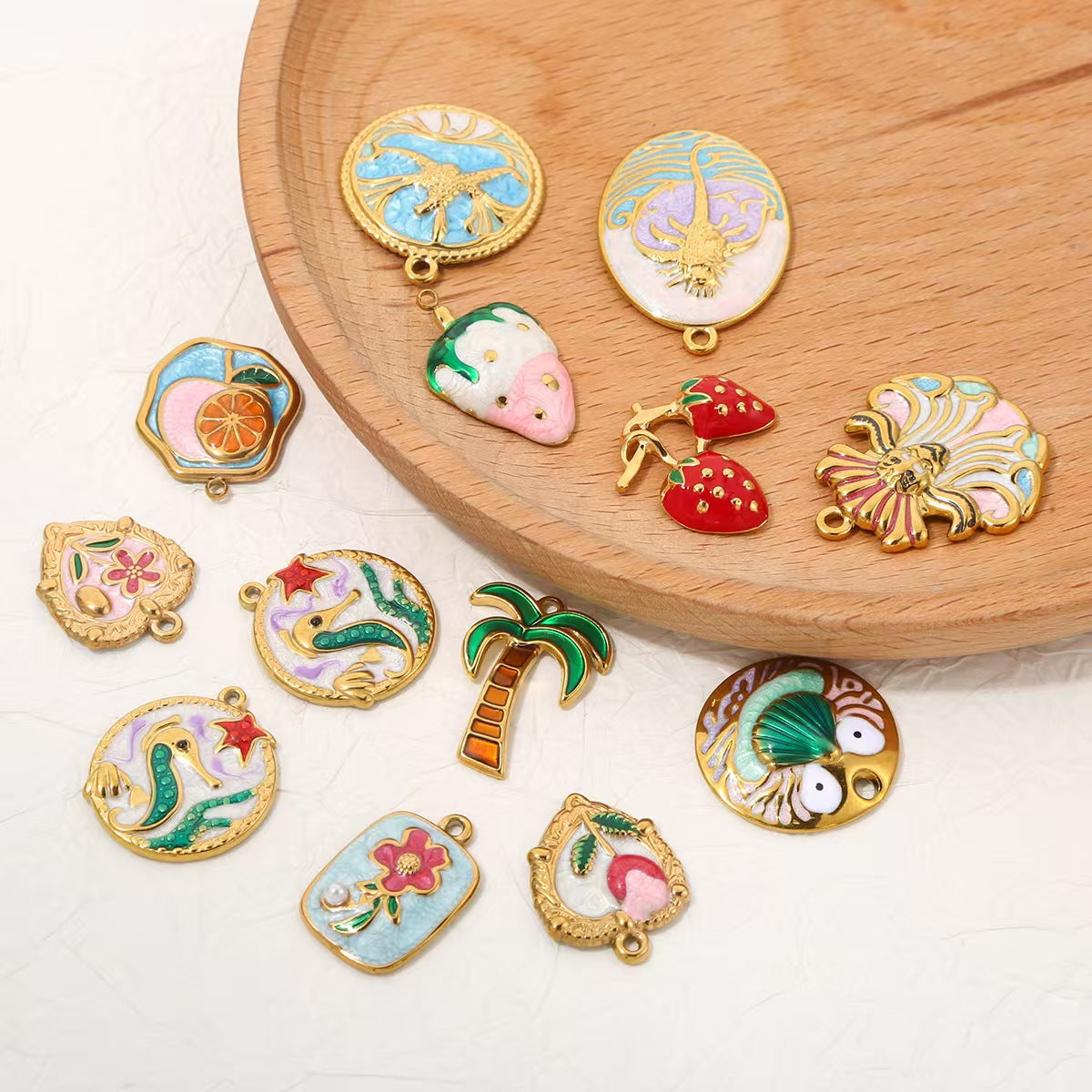 Creative colorful oil - dripping stainless - steel pendants with fruit and animal patterns, fashionable and delicate handmade DIY necklace accessories, 5 pieces