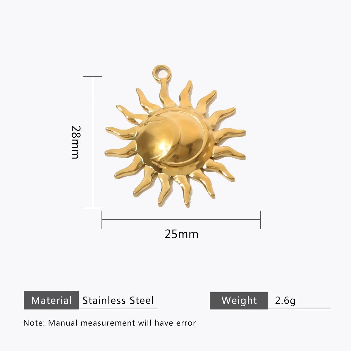 Collection of personalized gold - colored stainless - steel pendants. DIY jewelry accessories for bracelets and necklaces with multiple shapes like sun, heart, and elephant. 5 pieces in total.