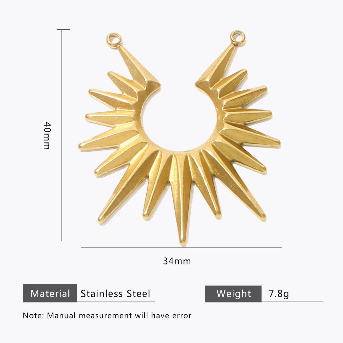 Collection of personalized gold - colored stainless - steel pendants. DIY jewelry accessories for bracelets and necklaces with multiple shapes like sun, heart, and elephant. 5 pieces in total.