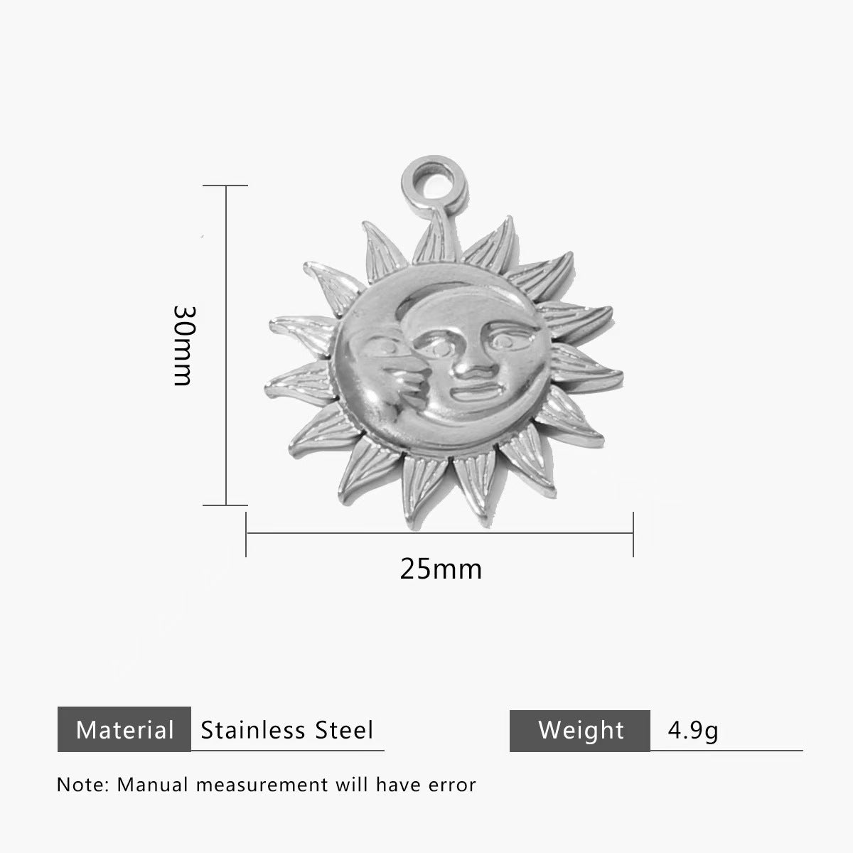 Collection of personalized gold - colored stainless - steel pendants. DIY jewelry accessories for bracelets and necklaces with multiple shapes like sun, heart, and elephant. 5 pieces in total.