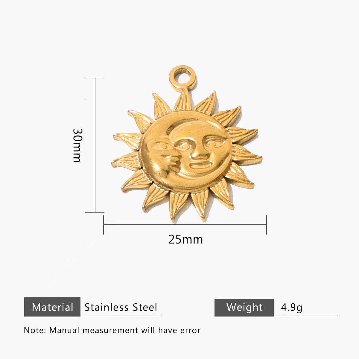 Collection of personalized gold - colored stainless - steel pendants. DIY jewelry accessories for bracelets and necklaces with multiple shapes like sun, heart, and elephant. 5 pieces in total.