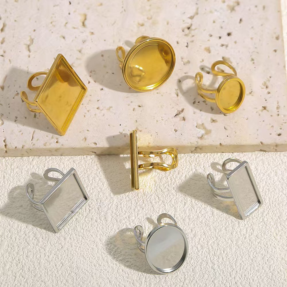 5 pieces of DIY ring jewelry accessories, including gold - plated stainless - steel adjustable rings, oval - shaped time - gem tray bases