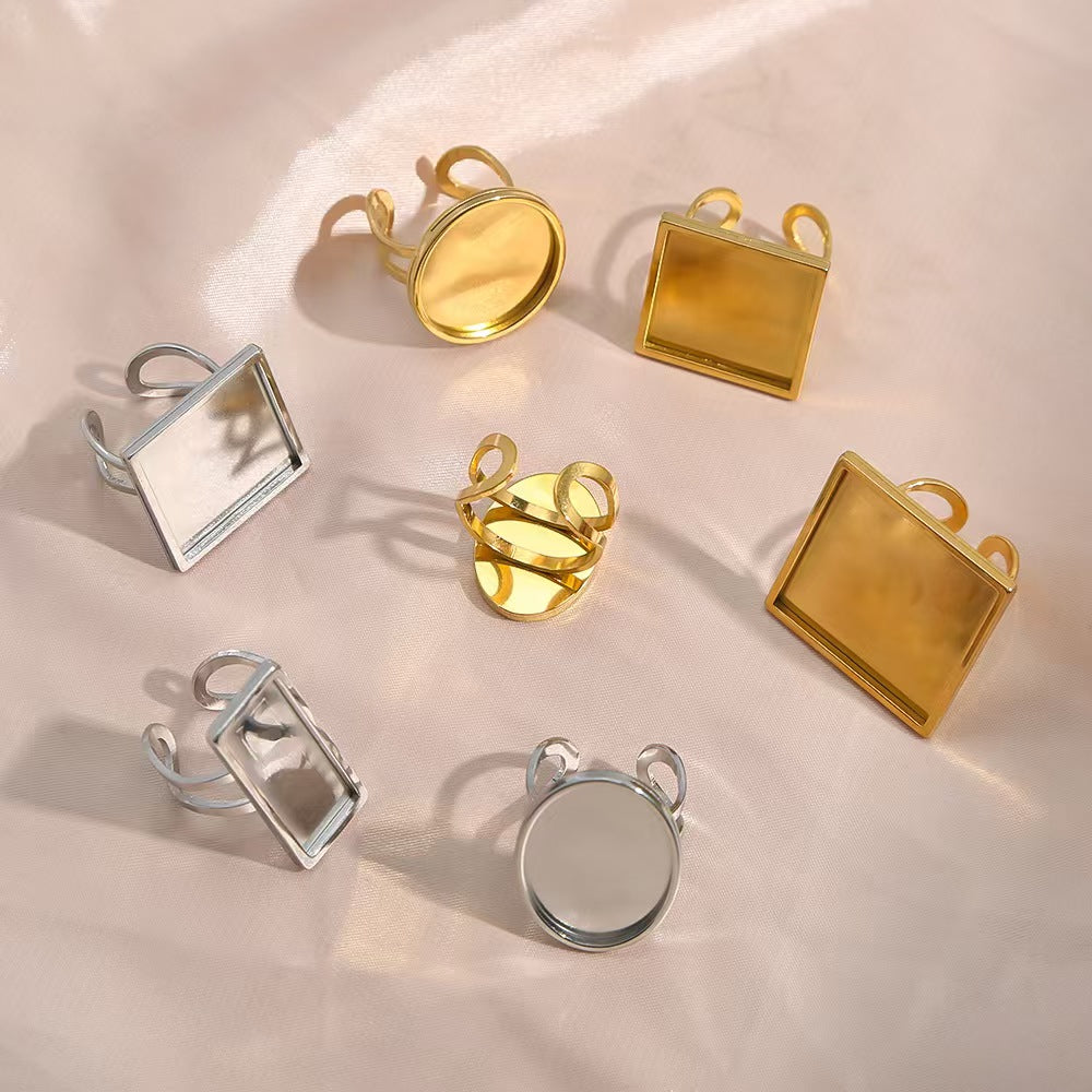 5 pieces of DIY ring jewelry accessories, including gold - plated stainless - steel adjustable rings, oval - shaped time - gem tray bases