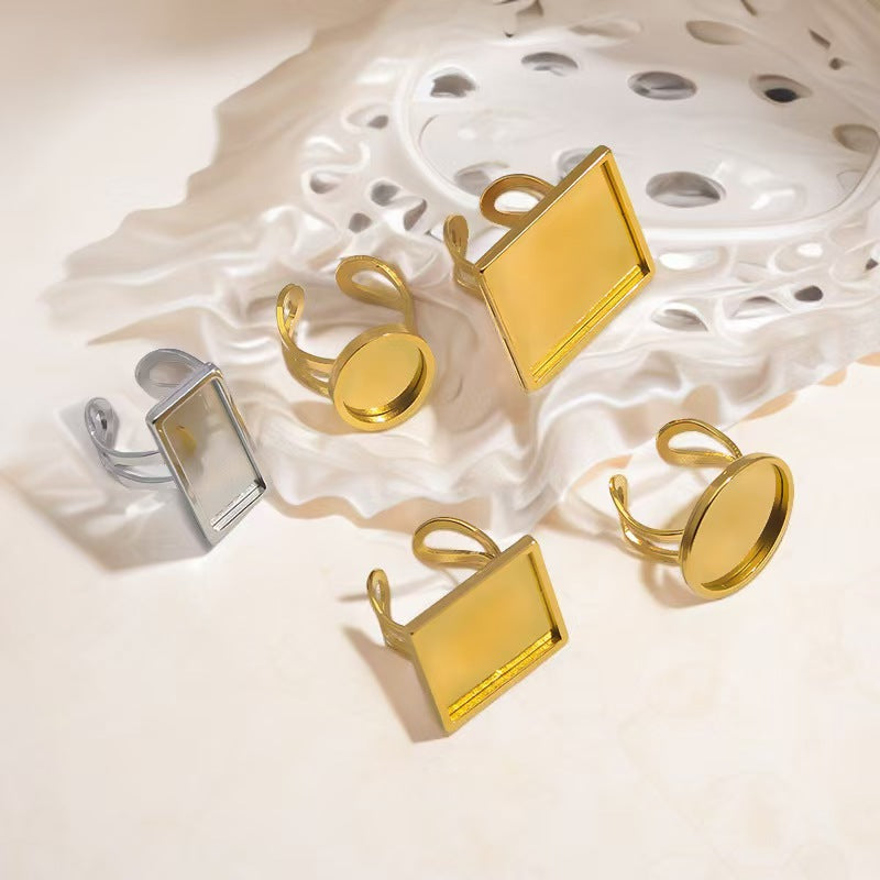 5 pieces of DIY ring jewelry accessories, including gold - plated stainless - steel adjustable rings, oval - shaped time - gem tray bases