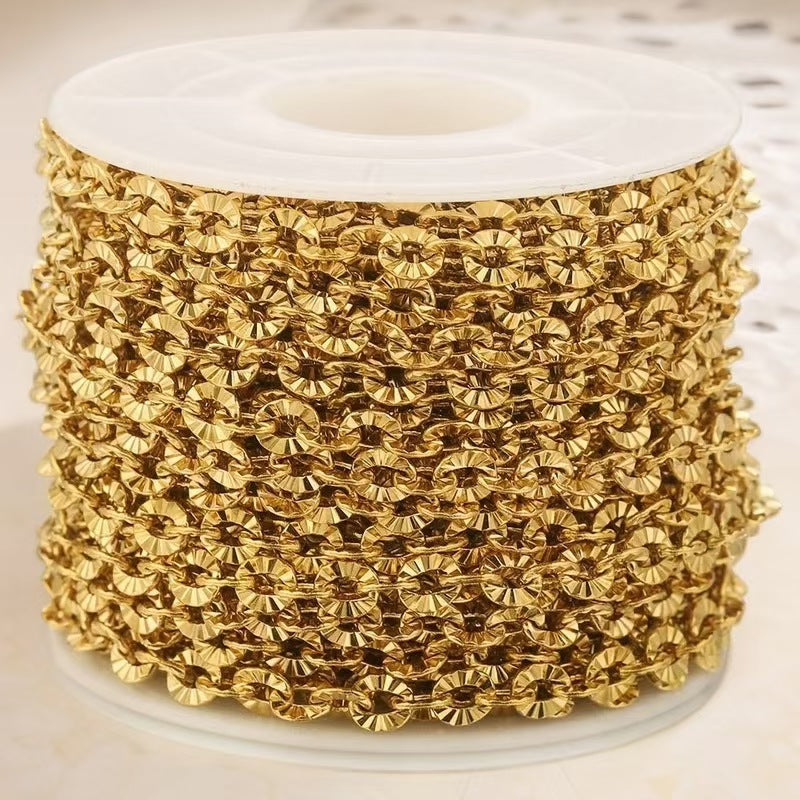 Stainless Steel Sunflower Chain, Cross O-shaped Embossed Chain, Titanium Steel Vacuum Electroplated Gold Chain for DIY Necklaces and Bracelets, 5m