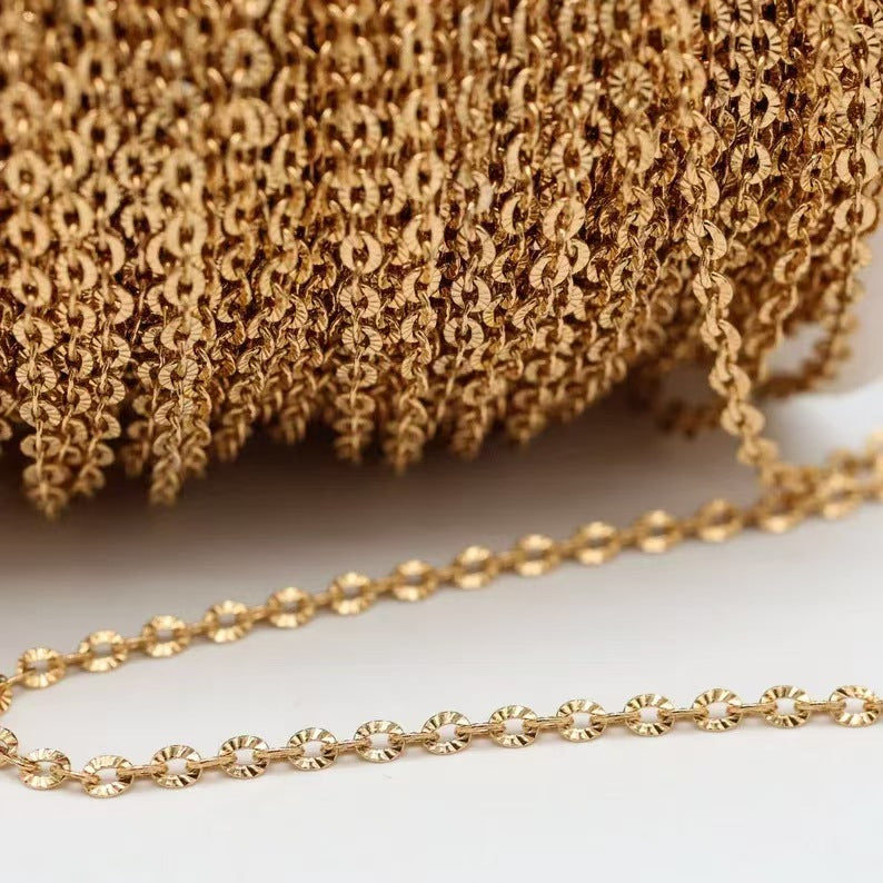 Stainless Steel Sunflower Chain, Cross O-shaped Embossed Chain, Titanium Steel Vacuum Electroplated Gold Chain for DIY Necklaces and Bracelets, 5m